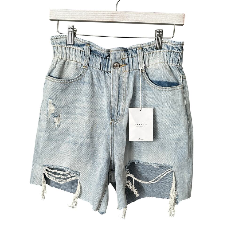 Kancan High Waist Mom Paper Bag Distressed Shorts NWT Size 27